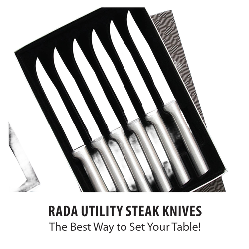 Set of six stainless steel utility steak knives with sleek brushed metal handles, presented in a gift box, ideal for kitchen use and food preparation with USA-made quality.