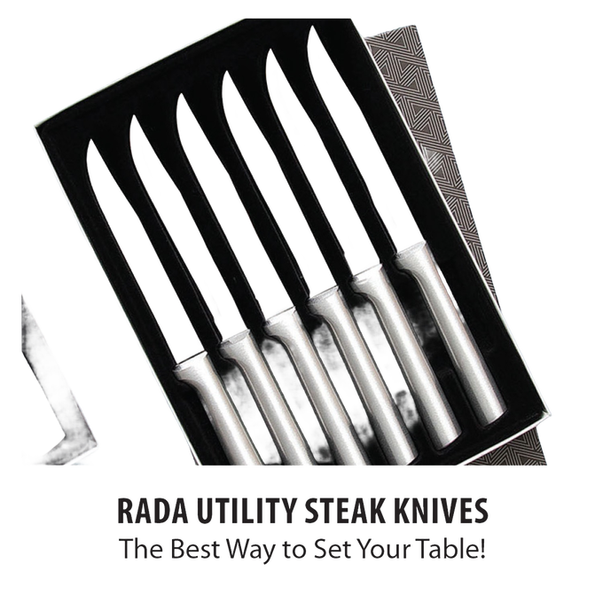 Set of six stainless steel utility steak knives with sleek brushed metal handles, presented in a gift box, ideal for kitchen use and food preparation with USA-made quality.