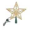 Golden lighted star tree topper with delicate scroll pattern and built-in lights, designed for indoor Christmas decor, featured in Home & Decor, Holiday Decor, Best Sellers, and Promo Eligible collections.