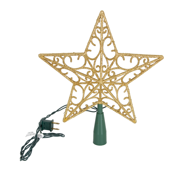 Golden lighted star tree topper with delicate scroll pattern and built-in lights, designed for indoor Christmas decor, featured in Home & Decor, Holiday Decor, Best Sellers, and Promo Eligible collections.