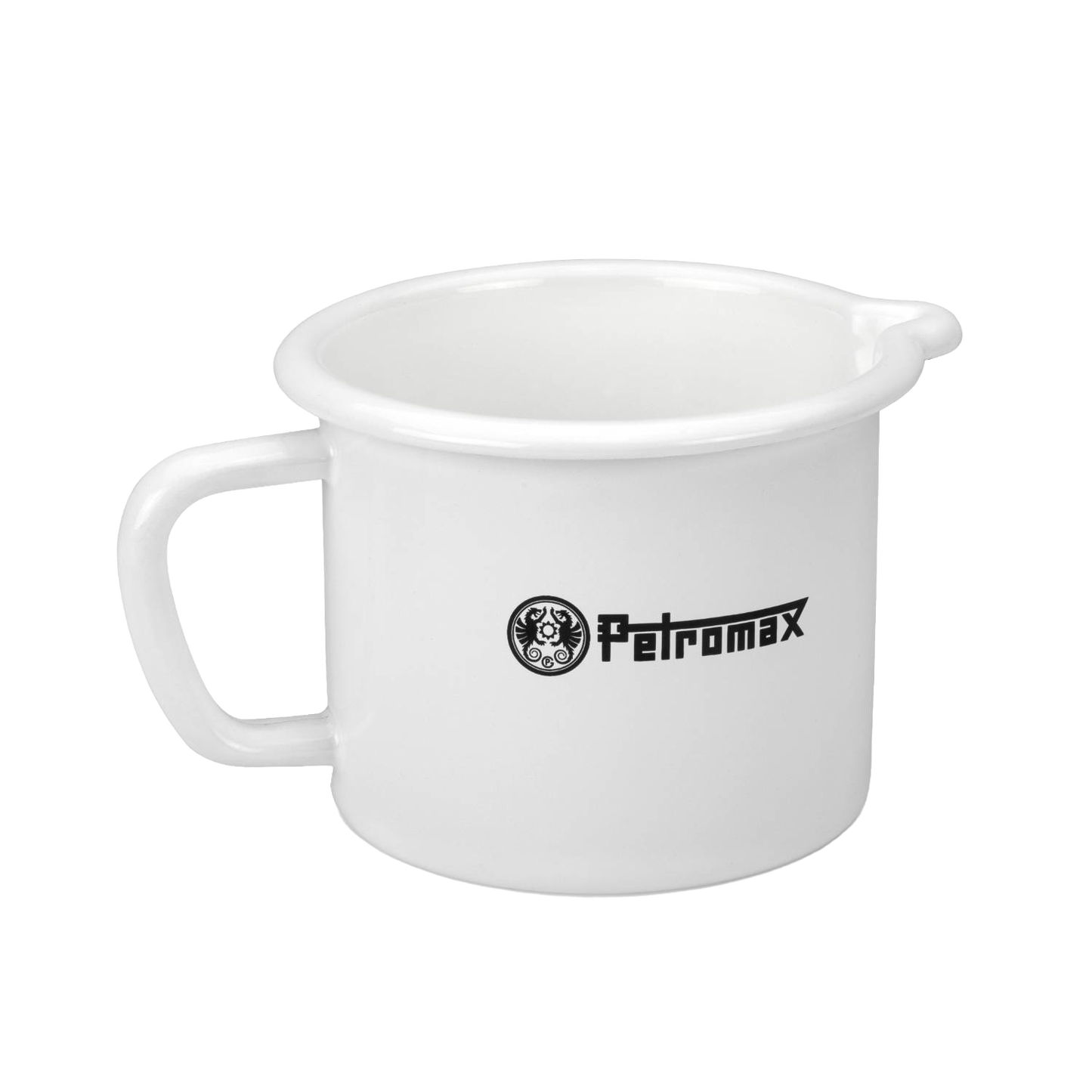 White enameled steel milk pot with handle and spout, handcrafted for outdoor cooking, camp kitchens, and included in Farm, Garden & Tool, Kitchen & Food, Camping, Cookware, and Best Sellers collections.