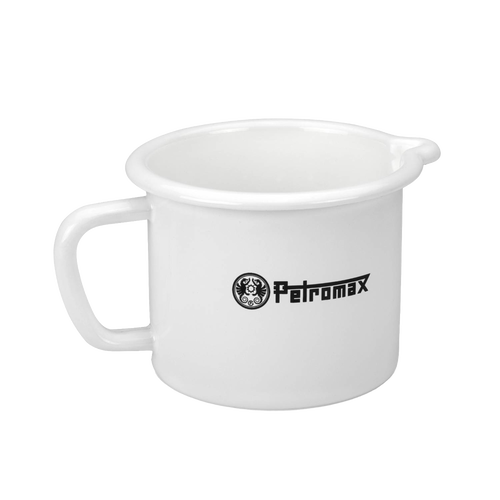 White enameled steel milk pot with handle and spout, handcrafted for outdoor cooking, camp kitchens, and included in Farm, Garden & Tool, Kitchen & Food, Camping, Cookware, and Best Sellers collections.