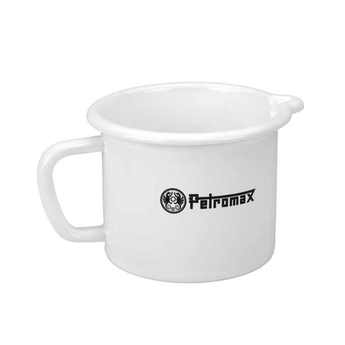 White enameled steel milk pot with handle and spout, handcrafted for outdoor cooking, camp kitchens, and included in Farm, Garden & Tool, Kitchen & Food, Camping, Cookware, and Best Sellers collections.