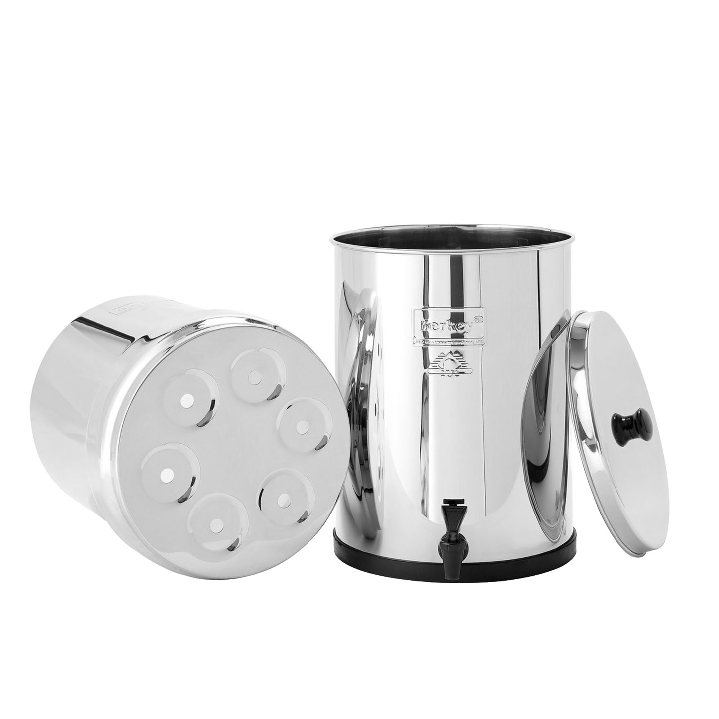 Highly polished stainless steel water filtration system with removable lid and bottom chamber featuring multiple filter element ports, part of appliances and emergency supplies collections.