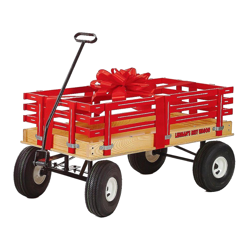 Handcrafted red wooden wagon with sturdy metal frame, air-filled rubber tires, and a large decorative bow, made in USA and Amish made, perfect for outdoor play and children's toys collections.