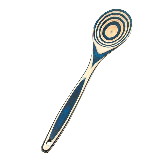 Handcrafted pakkawood spoon featuring striking concentric color patterns in blue and natural tones, durable and heat resistant, perfect for Kitchen & Food and Cooking helpers collections.