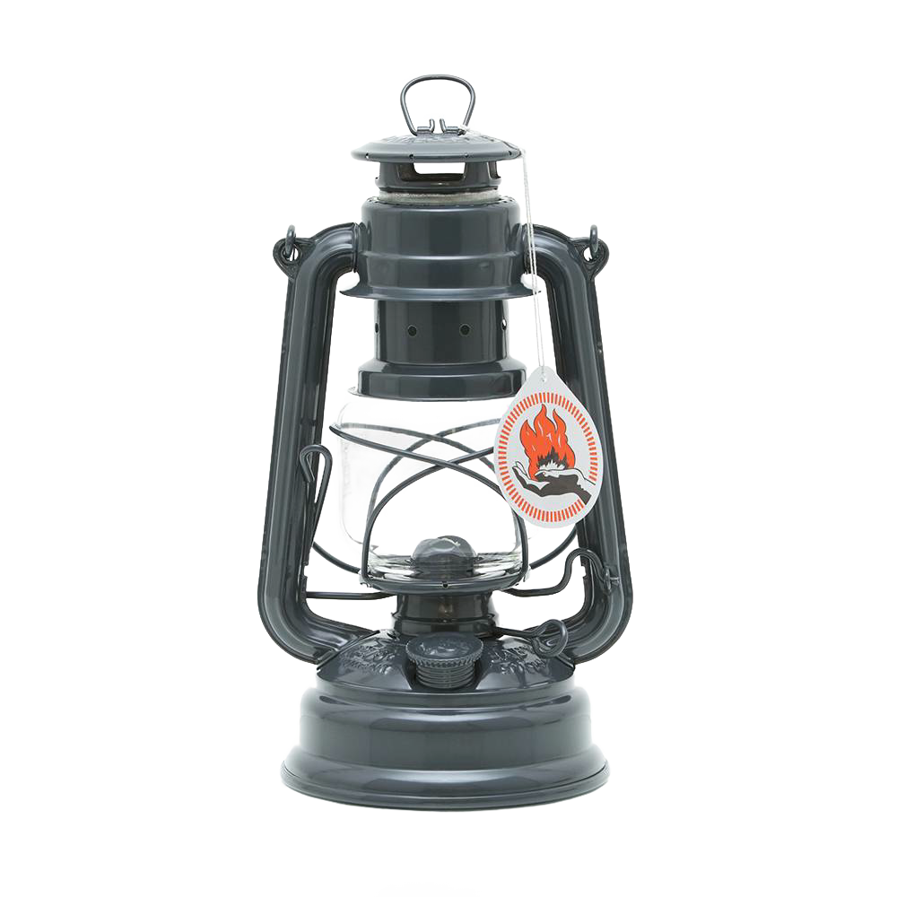 Handcrafted gray galvanized oil lantern with a thermal heat-resistant SUPRAX globe and protective metal frame, perfect for lamps & lighting, camping, and emergency supplies.