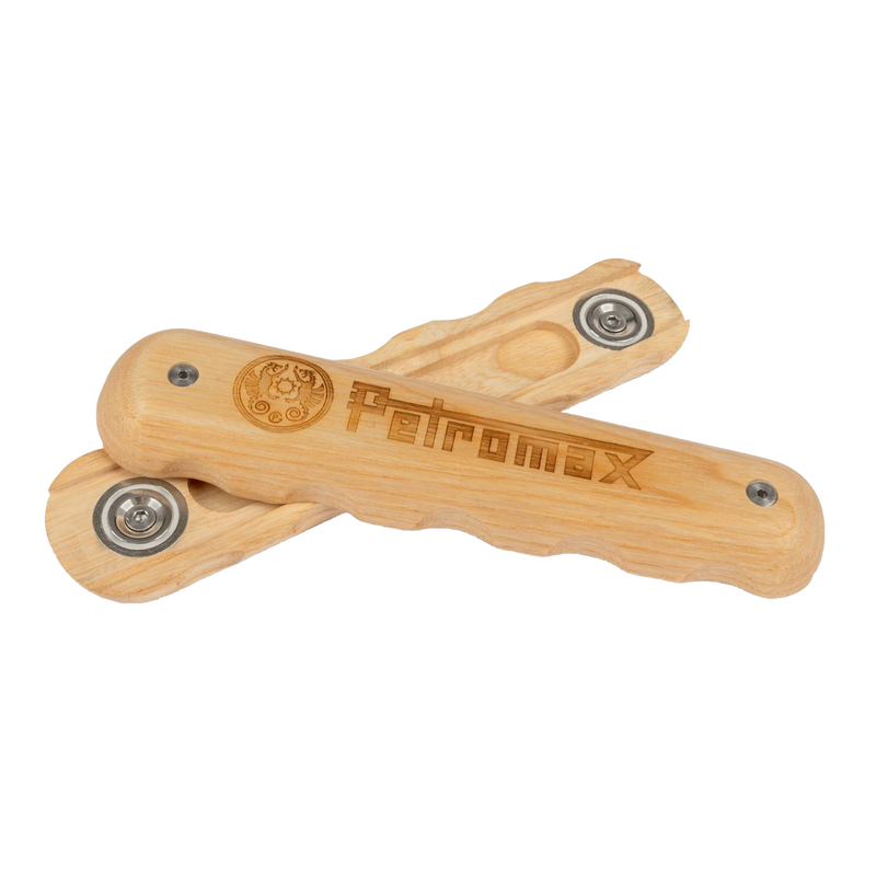 Pair of light wooden handles engraved with the Petromax logo, featuring metal hardware and designed for easy attachment to wrought iron pans, ideal for camping and cookware collections.