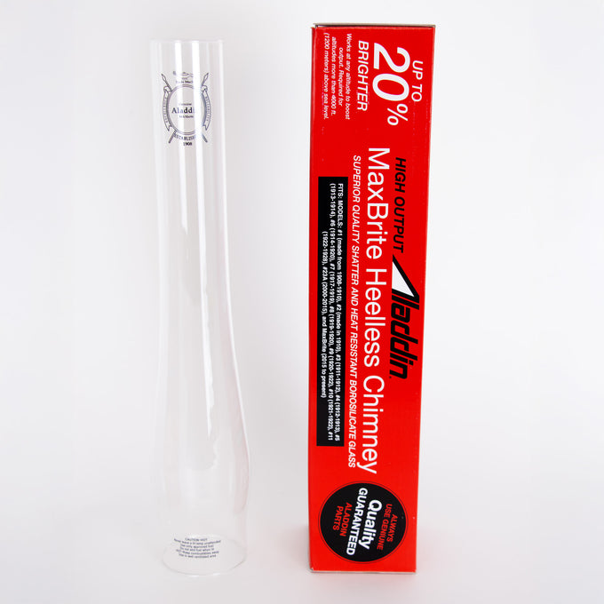 Clear borosilicate glass chimney standing next to a red branded box highlighting up to 20% brighter high output design, featured in Lamps & Lighting and Chimneys and Globes collections.