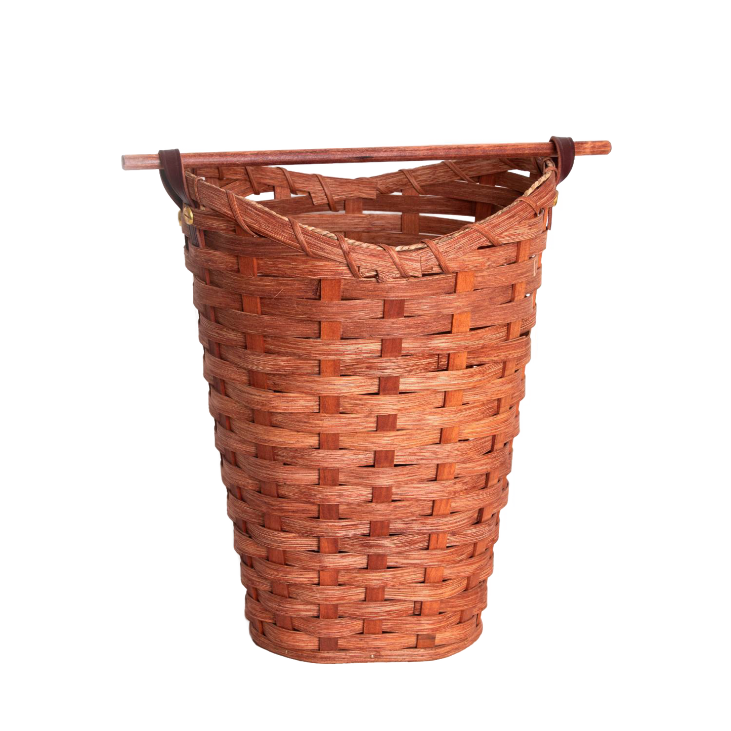 Handwoven maple wood basket with a birch dowel rod for dispensing, designed to hold four standard toilet paper rolls, handcrafted in the USA and featured in Home & Decor and Amish Made collections.