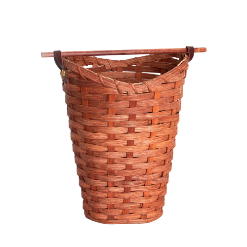 Handwoven maple wood basket with a birch dowel rod for dispensing, designed to hold four standard toilet paper rolls, handcrafted in the USA and featured in Home & Decor and Amish Made collections.