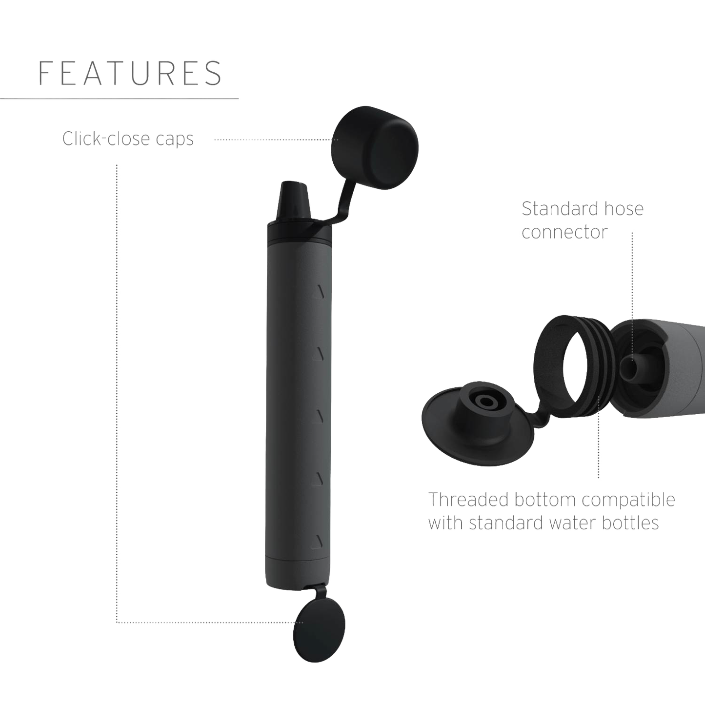 Black portable water filter straw with detachable screw cap and protective mouthpiece cover, designed for camping, emergency supplies, and water treatment use.