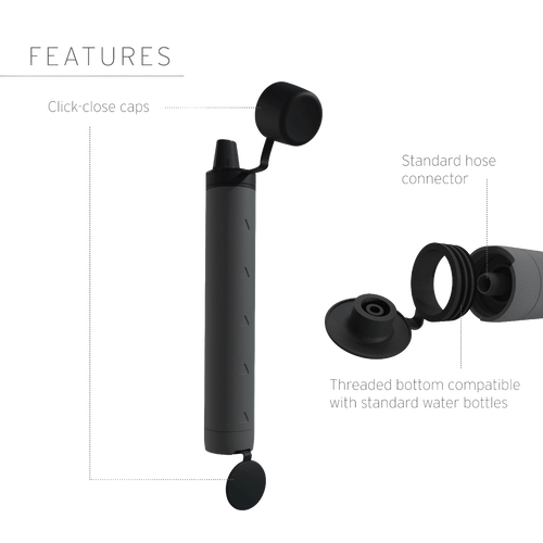 Black portable water filter straw with detachable screw cap and protective mouthpiece cover, designed for camping, emergency supplies, and water treatment use.