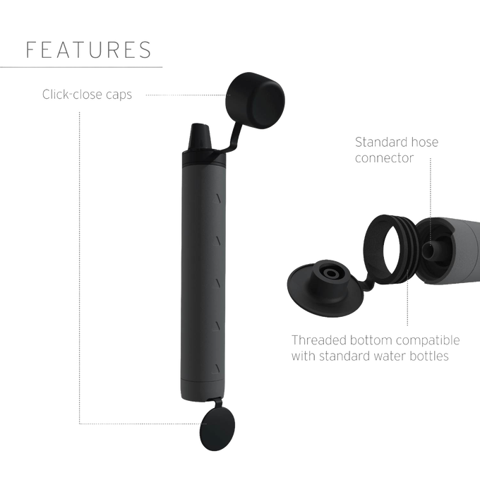 Black portable water filter straw with detachable screw cap and protective mouthpiece cover, designed for camping, emergency supplies, and water treatment use.