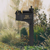 Black and gold handcrafted mailbox mounted on a sturdy post with personalized monogram and street address, enhancing curb appeal in Home & Decor and USA Made collections.