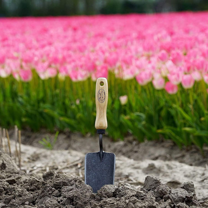 Durable forged small garden trowel with a tempered steel blade and wooden handle, standing upright in freshly tilled soil with a vibrant field of pink tulips in the background, ideal for farm, garden, and cultivating tasks.