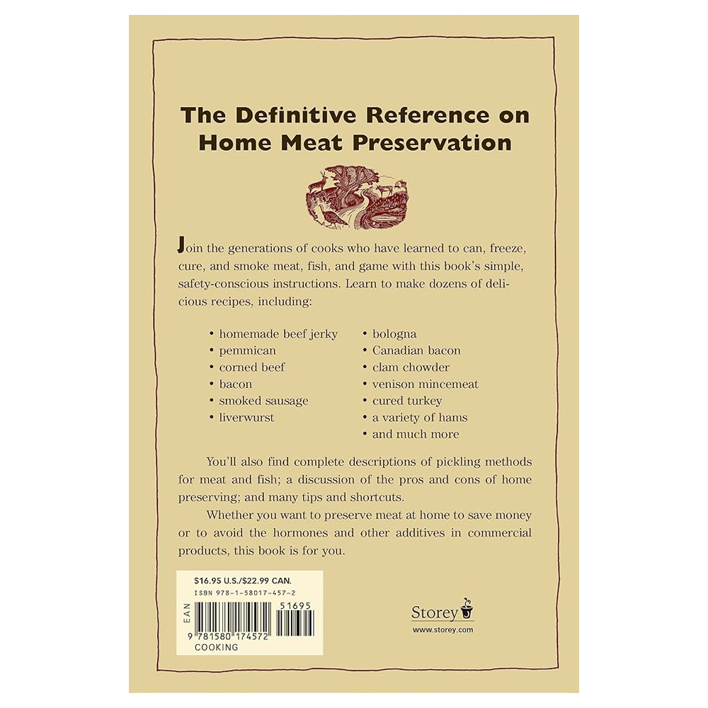 Back cover of a handcrafted book on home meat preservation, featuring detailed instructions and recipes for curing, smoking, and freezing various meats, part of collections including Cookbooks and Farm and Livestock Books.