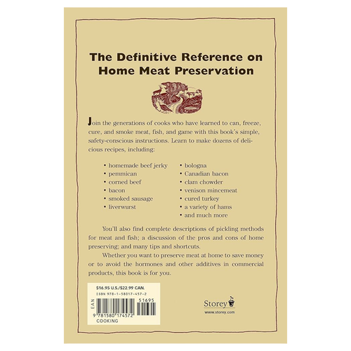 Back cover of a handcrafted book on home meat preservation, featuring detailed instructions and recipes for curing, smoking, and freezing various meats, part of collections including Cookbooks and Farm and Livestock Books.