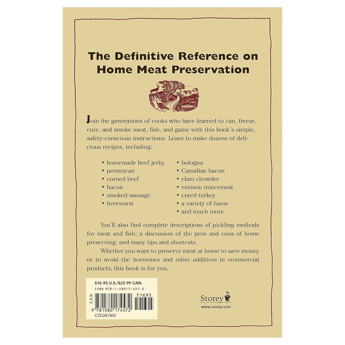 Back cover of a handcrafted book on home meat preservation, featuring detailed instructions and recipes for curing, smoking, and freezing various meats, part of collections including Cookbooks and Farm and Livestock Books.
