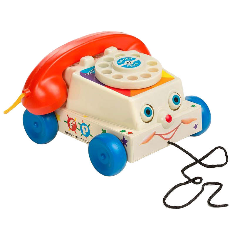Vintage-style plastic pull-along toy telephone with rotary dial, moving eyes, and cheerful face, ideal for Children's Toys, Indoor Play, and Best Sellers collections.