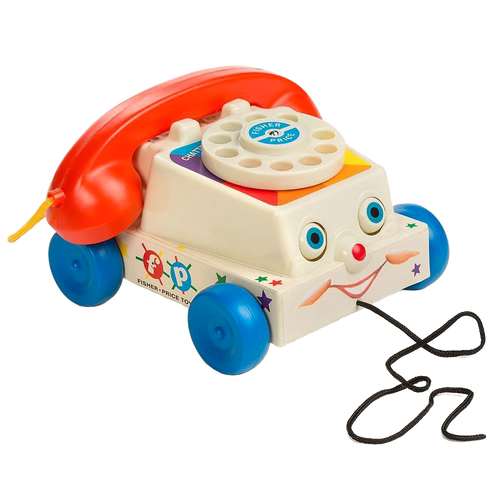 Vintage-style plastic pull-along toy telephone with rotary dial, moving eyes, and cheerful face, ideal for Children's Toys, Indoor Play, and Best Sellers collections.