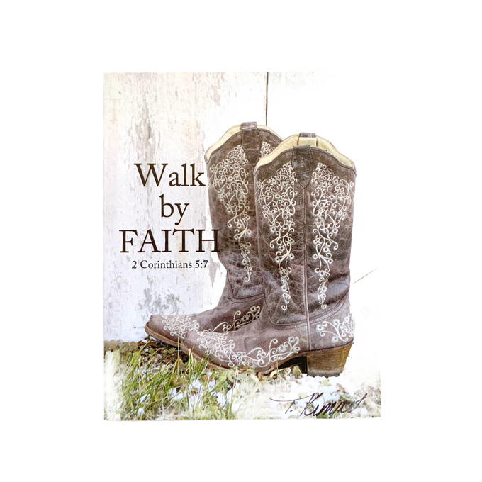 Unique handcrafted magnet showcasing intricately embroidered cowboy boots on grass beside a weathered wooden background with an inspiring Bible verse, perfect for Home & Decor, Best Sellers, and Promo Eligible collections.