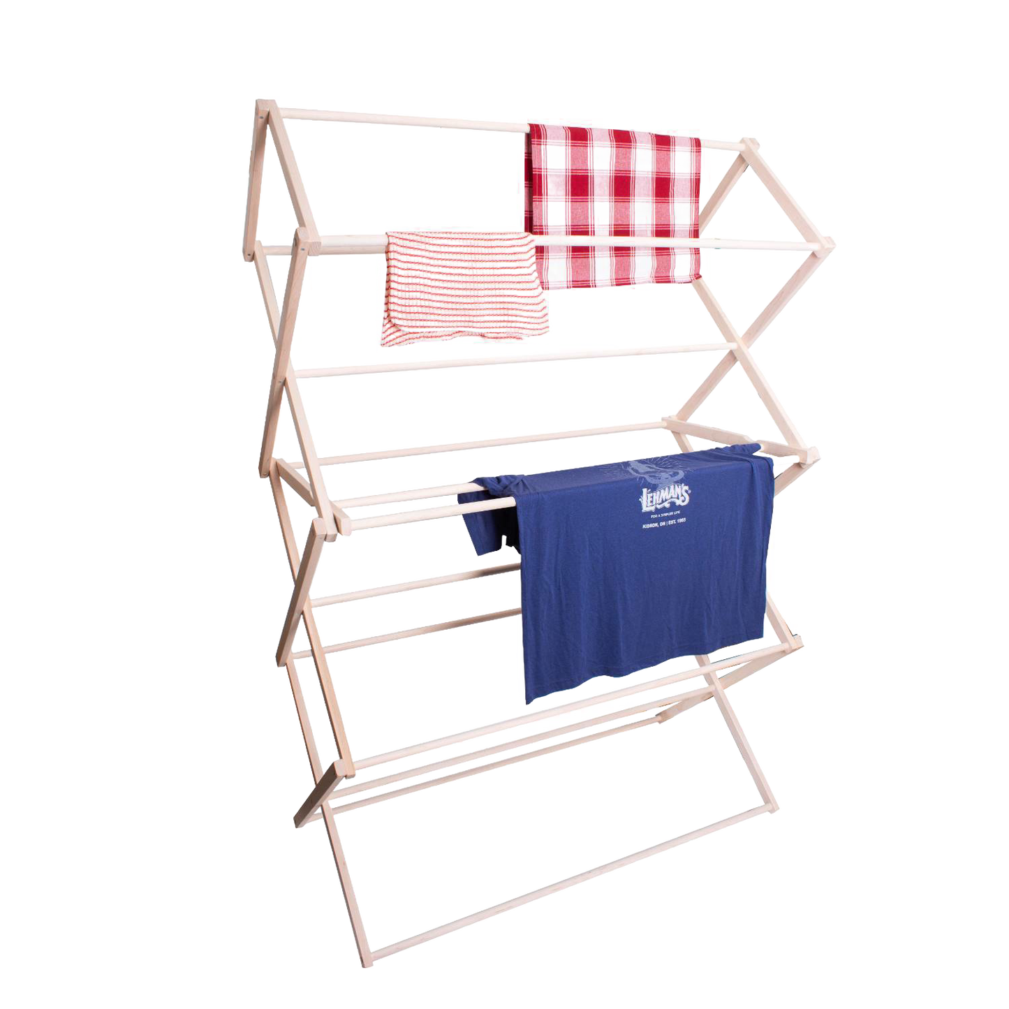 Large handcrafted wooden clothes drying rack with multiple tiered slatted racks, Amish made in USA, ideal for Home & Decor, Laundry Supplies, and Best Sellers collections.