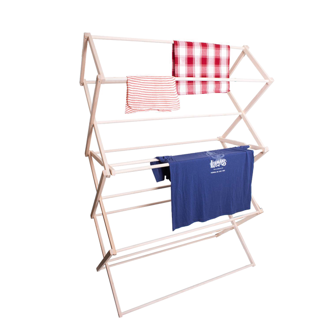 Large handcrafted wooden clothes drying rack with multiple tiered slatted racks, Amish made in USA, ideal for Home & Decor, Laundry Supplies, and Best Sellers collections.