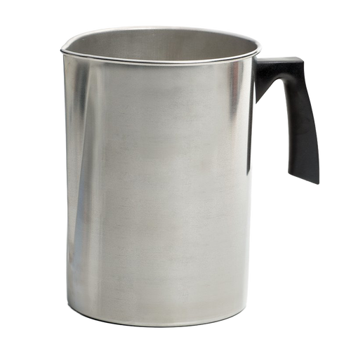 Seamless stainless steel melting pot with easy-grip black handle and pour spout, designed for candlemaking, part of Candles and Candlemaking, Supplies, and Best Sellers collections.