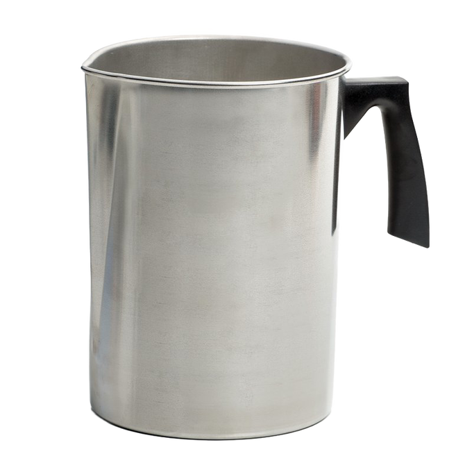 Seamless stainless steel melting pot with easy-grip black handle and pour spout, designed for candlemaking, part of Candles and Candlemaking, Supplies, and Best Sellers collections.