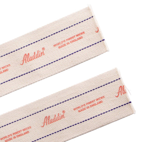Pair of handcrafted high-grade flat cotton wicks with purple stitching and red branding, designed for fast fuel delivery and clean burning in lamps, ideal for Farm, Garden & Tool and Emergency Supplies collections.