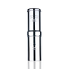 Compact stainless steel gravity water filter with embossed branding, designed for portable use in camping, emergency supplies, and farm and garden collections.