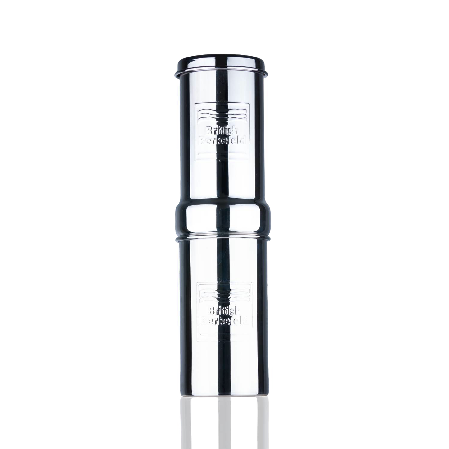 Compact stainless steel gravity water filter with embossed branding, designed for portable use in camping, emergency supplies, and farm and garden collections.