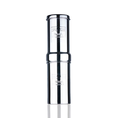 Compact stainless steel gravity water filter with embossed branding, designed for portable use in camping, emergency supplies, and farm and garden collections.