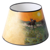 Southwestern-inspired parchment oil lamp shade with handcrafted artwork of horse riders at sunset, designed to soften light for lamps in Lamps & Lighting and Accessories collections.