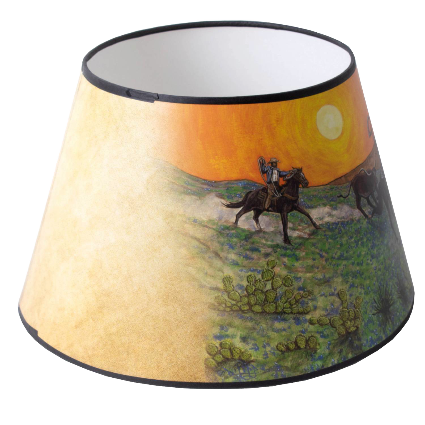 Southwestern-inspired parchment oil lamp shade with handcrafted artwork of horse riders at sunset, designed to soften light for lamps in Lamps & Lighting and Accessories collections.
