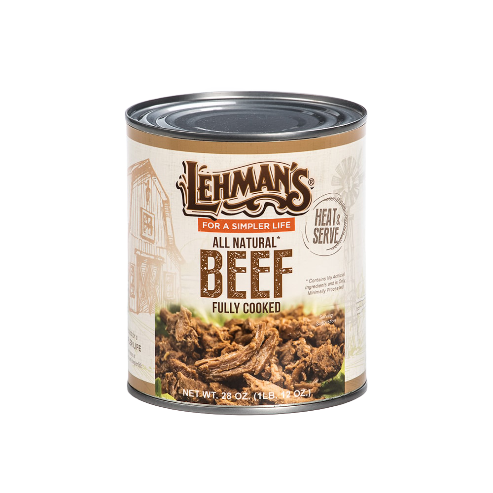 Metal can of handcrafted fully cooked all natural shredded beef with rustic barn illustrations, ideal for Farm, Garden & Tool, Kitchen & Food, Emergency Supplies, Food, Meats, and Best Sellers collections.