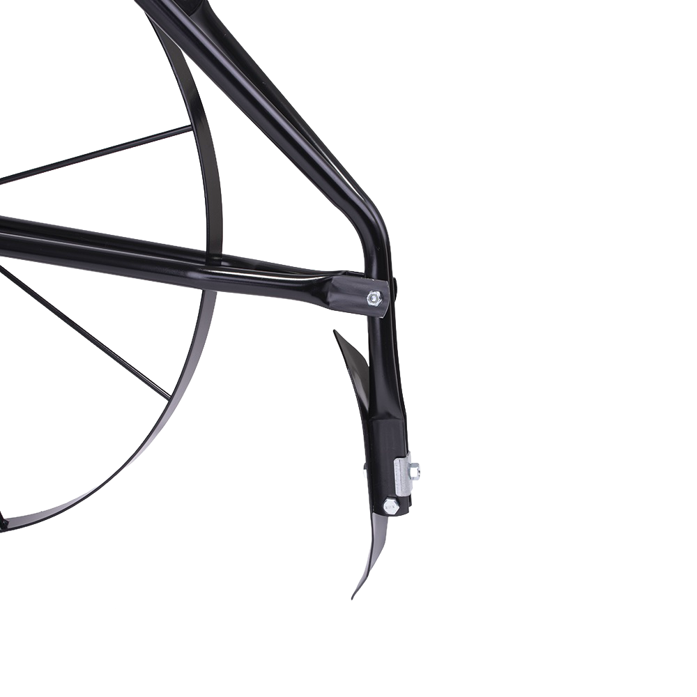 Close-up of black steel high-wheel cultivator tine and frame showcasing durable construction, designed for efficient digging and cultivating in Farm, Garden & Tool collections.
