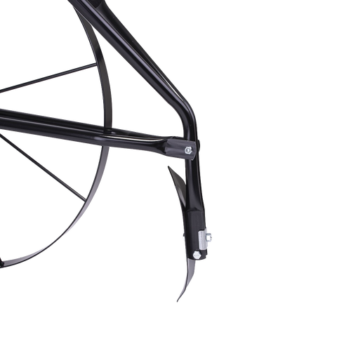 Close-up of black steel high-wheel cultivator tine and frame showcasing durable construction, designed for efficient digging and cultivating in Farm, Garden & Tool collections.