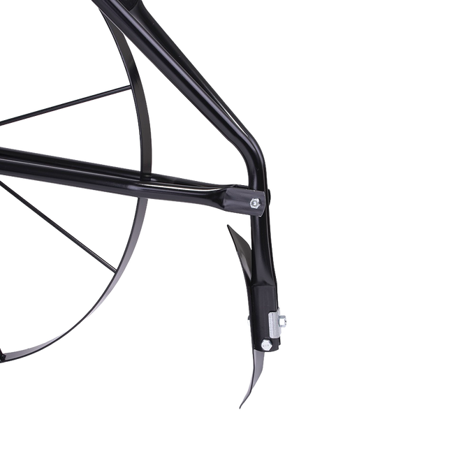 Close-up of black steel high-wheel cultivator tine and frame showcasing durable construction, designed for efficient digging and cultivating in Farm, Garden & Tool collections.