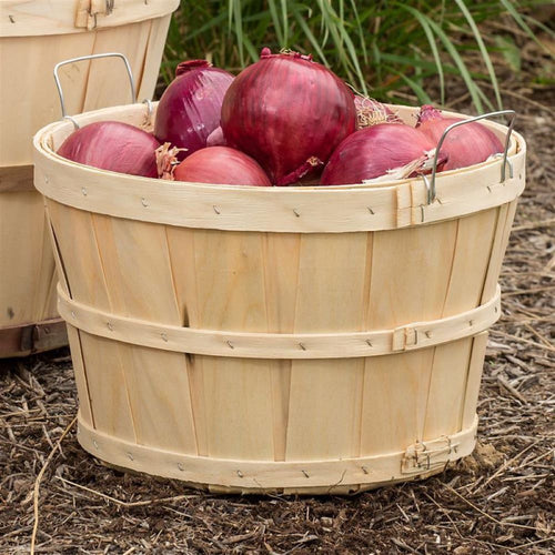 Handcrafted raw poplar wood half bushel basket with metal wire handles filled with red onions, perfect for Farm, Garden & Tool, Garden Accessories, USA Made, Best Sellers, Promo Eligible collections.
