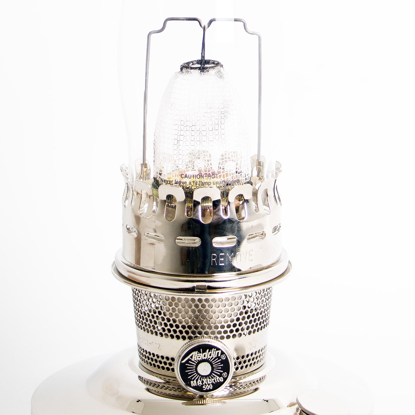 Close-up of a polished chrome-plated oil lamp burner with glass chimney, featuring a vintage-inspired design and handcrafted details, perfect for Farm, Garden & Tool and Lamps & Lighting collections.
