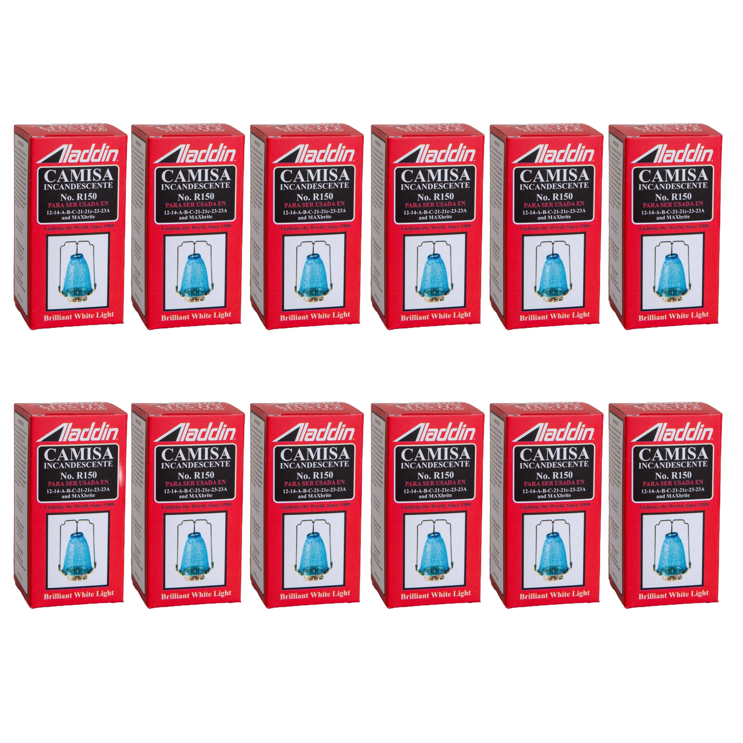 Row of red rectangular boxes of incandescent lamp mantles with blue lamp illustrations, featured in Lamps & Lighting, Parts and Accessories, Wicks and Mantles, Lamp Burners and Collars, Best Sellers, and Promo Eligible collections.