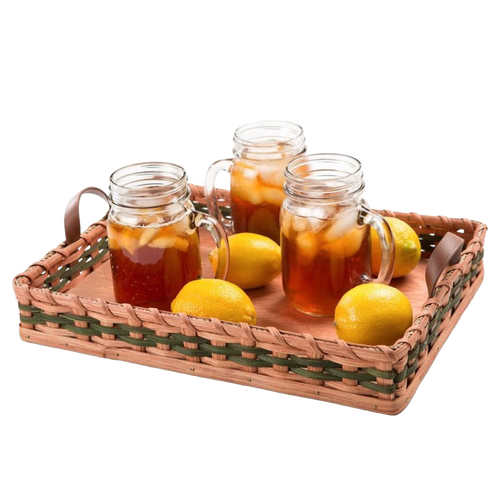 Handcrafted serving tray with woven sides and flat wooden base, featuring two side handles, holding three glass mugs of iced tea and four fresh lemons for serving in Kitchen & Food and Storage collections.