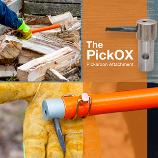 Handcrafted PickOX Pickaroon attachment with bright orange steel handle and metal hook for lifting and moving logs, designed for Farm, Garden & Tool and Wood Cutting collections, made in USA.