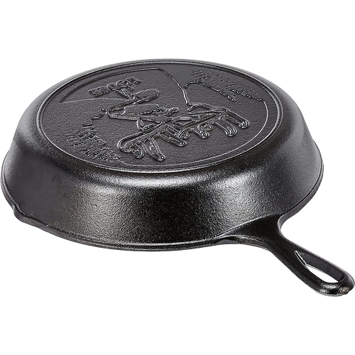 Handcrafted cast iron skillet with embossed wildlife design featuring a moose, made in USA, ideal for Kitchen & Food, Cast Iron, Cookware, USA Made, and Best Sellers collections.