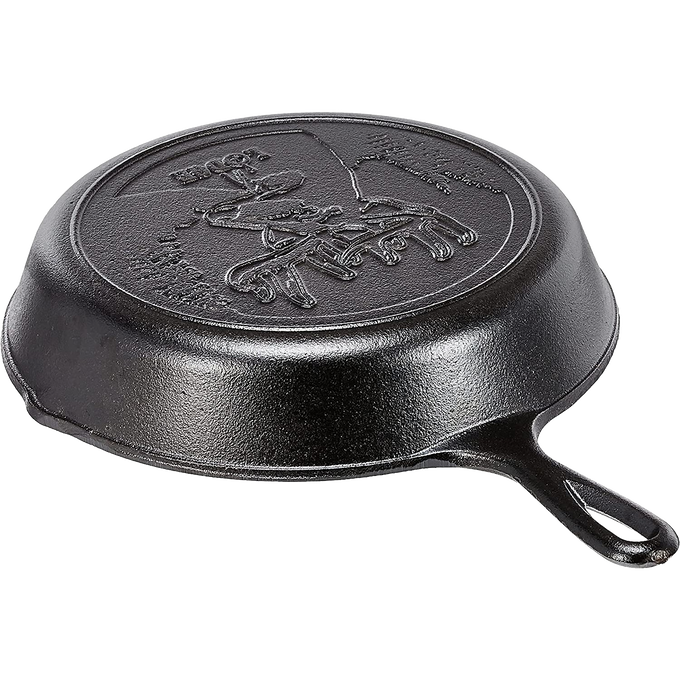 Handcrafted cast iron skillet with embossed wildlife design featuring a moose, made in USA, ideal for Kitchen & Food, Cast Iron, Cookware, USA Made, and Best Sellers collections.