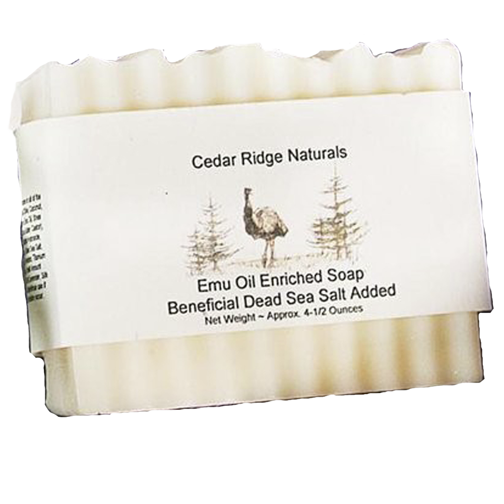 Handcrafted bar soap featuring emu oil and Dead Sea salt, wrapped in a natural label with rustic emu illustration, ideal for Health & Wellness and USA Made grooming collections.