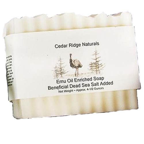 Handcrafted bar soap featuring emu oil and Dead Sea salt, wrapped in a natural label with rustic emu illustration, ideal for Health & Wellness and USA Made grooming collections.