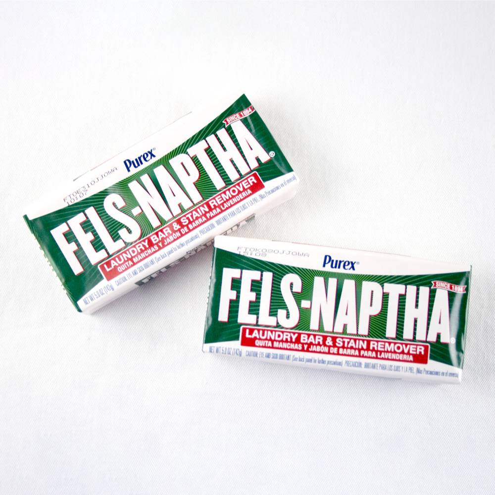 Two bars of Fels-Naptha laundry soap in green and white packaging, handcrafted and made in USA, suitable for Home & Decor, Laundry Supplies, Soaps and Soapmaking collections.